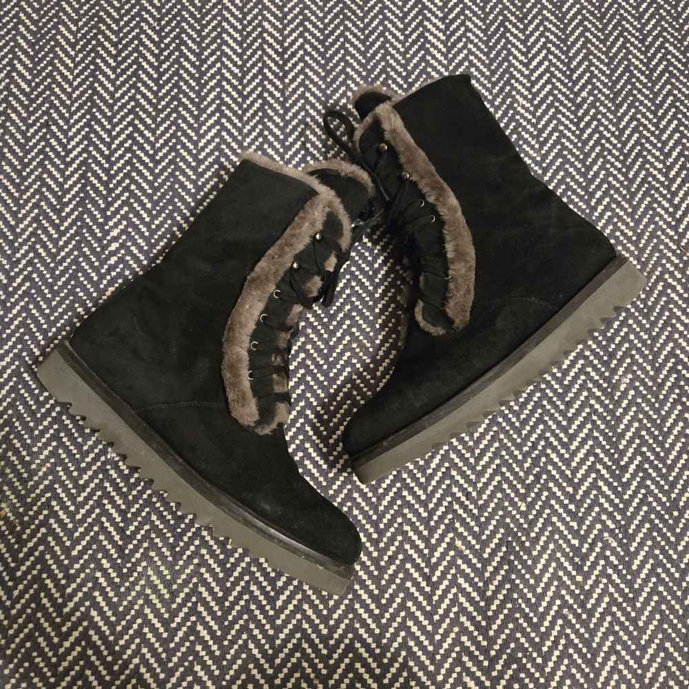 Aquatalia Black Suede Lace-Up Ankle Boots with Gray Faux Fur Trim